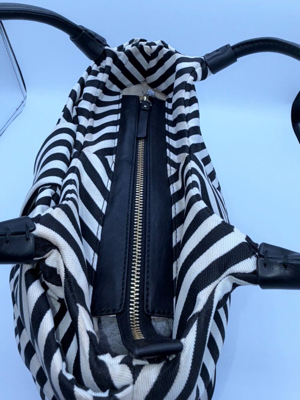 Kate Spade Black White Canvas Striped Bow Handbag Purse Classic Chic - Picture 14 of 16